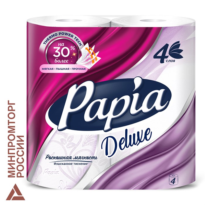 Бумага туалетная быт., спайка 4 шт., 4-слойная (4х16 м), PAPIA DELUXE, белая 112045 - фото 336064