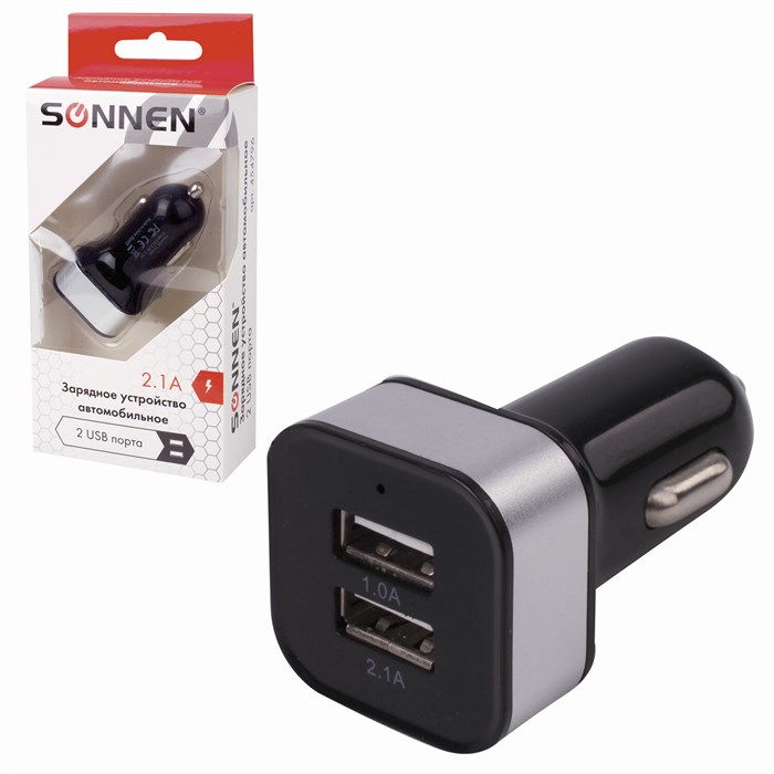 Зарядное устройство автомобильное SONNEN, 2 порта USB, выходной ток 2,1 А, черное-белое, 454796 454796 - фото 336122
