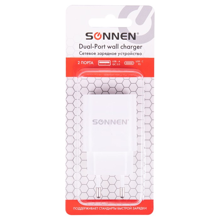Зарядное устройство быстрое сетевое (220 В) SONNEN, USB QC 3.0 + Type-C PD 20 Вт, 3 А, белое, 455505 455505 - фото 336599