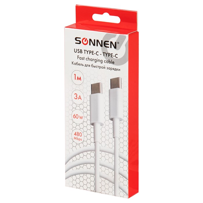 Кабель USB Type-C-Type-C с поддержкой быстрой зарядки, белый, 1 м, SONNEN, медный, 513613 513613 - фото 336667