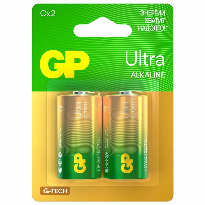 Батарейки КОМПЛЕКТ 2 шт., GP Ultra G-Tech, С (LR14, 14А), алкалиновые, блистер, 14AU-2CR2 456687 - фото 337133