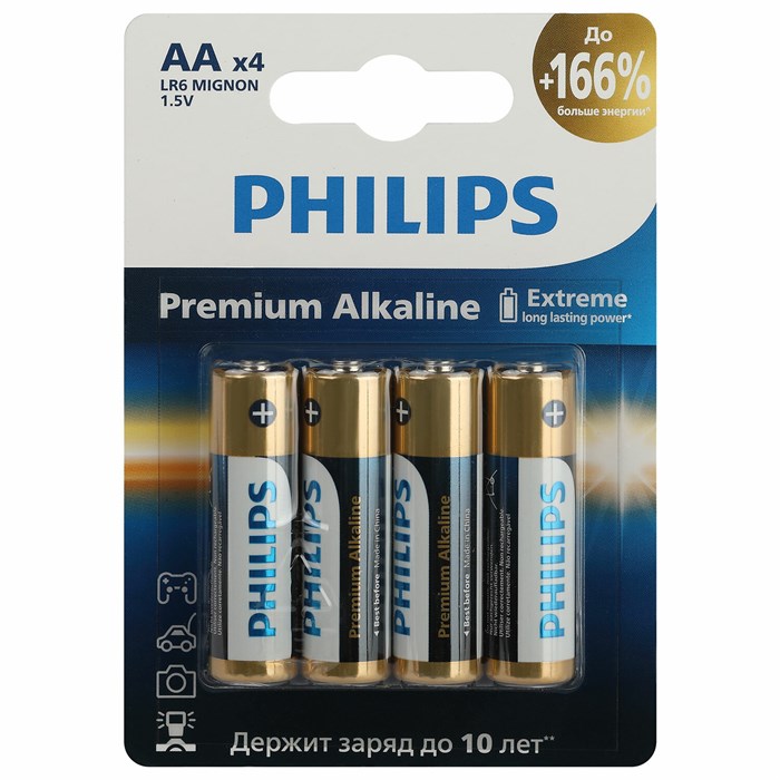 Батарейки алкалиновые "пальчиковые" КОМПЛЕКТ 4 шт., PHILIPS Premium Alkaline, АА (LR6, 24А), блистер 457389 - фото 337701
