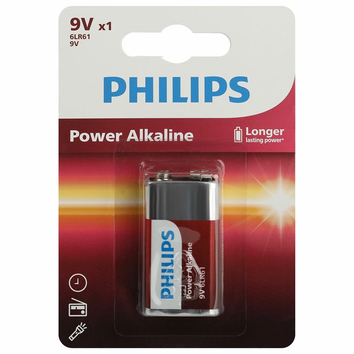 Батарейка алкалиновая 1 шт. PHILIPS Power Alkaline, Крона 9V (6LR61, 6LF22, 1604A), блистер 457393 - фото 337715