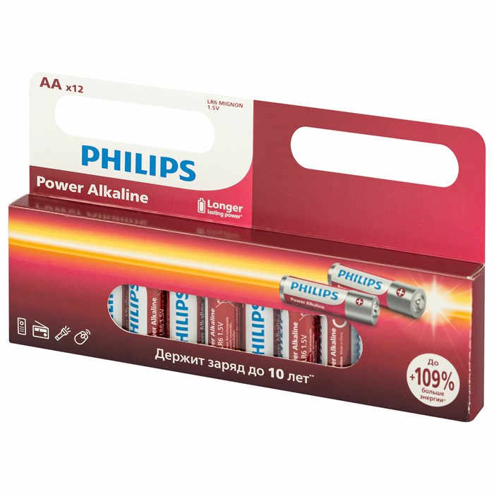 Батарейки алкалиновые "пальчиковые" КОМПЛЕКТ 12 шт., PHILIPS Power Alkaline, АА (LR6, 24А), блистер 457394 - фото 337722