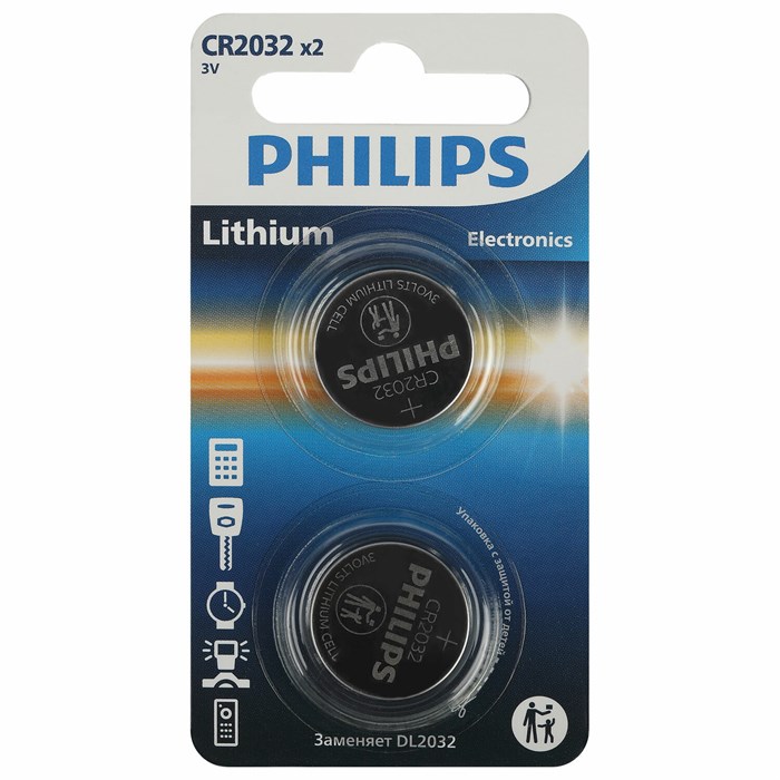 Батарейки литиевые PHILIPS Lithium CR2032 "таблетки, дисковые, кнопочные" КОМПЛЕКТ 2 шт., блистер 457388 - фото 337755