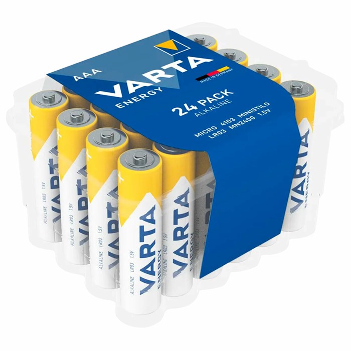 Батарейки алкалиновые "мизинчиковые" КОМПЛЕКТ 24 шт., VARTA ENERGY, ААА (LR03,15А), пластиковый бокс 457403 - фото 337823