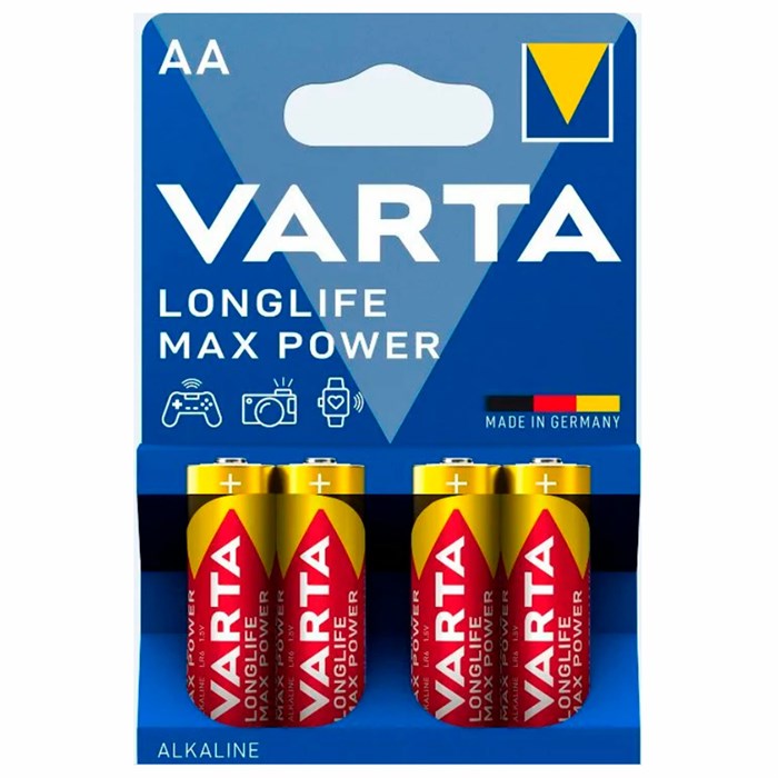 Батарейки алкалиновые "пальчиковые" КОМПЛЕКТ 4 шт., VARTA LONGLIFE MAX POWER, АА (LR6, 24А), блистер 457408 - фото 337828