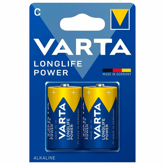 Батарейки алкалиновые КОМПЛЕКТ 2 шт., VARTA LONGLIFE POWER, C (LR14, 14А), блистер 457410 - фото 337830