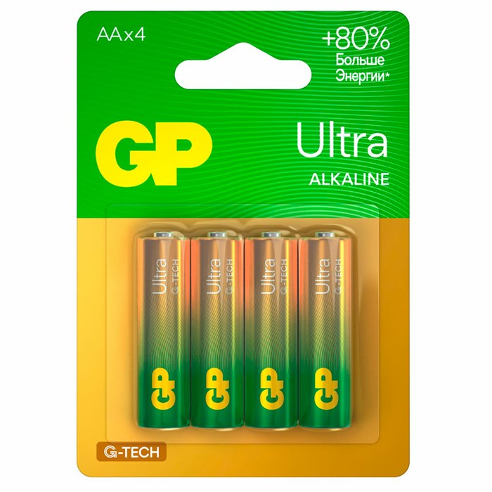 Батарейки КОМПЛЕКТ 4 шт., GP Ultra G-Tech, AA (LR6, 15А), алкалиновые, пальчиковые, 15AUA21-2CRSBC4 457746 - фото 337936