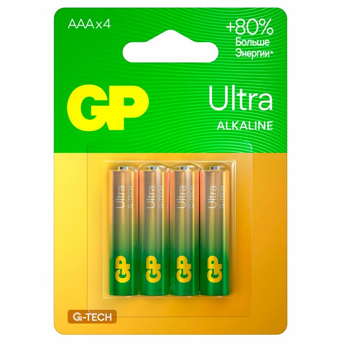 Батарейки КОМПЛЕКТ 4 шт., GP Ultra G-Tech, AAA (LR03, 24А), алкалиновые, мизинчиковые, 24AUA21-2CRSBC4 457748 - фото 337950