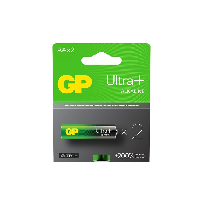Батарейки КОМПЛЕКТ 2 шт., GP Ultra Plus G-Tech, AA (LR6), алкалиновые, пальчиковые, 15AUPA21-2CRSB2 457751 - фото 337976