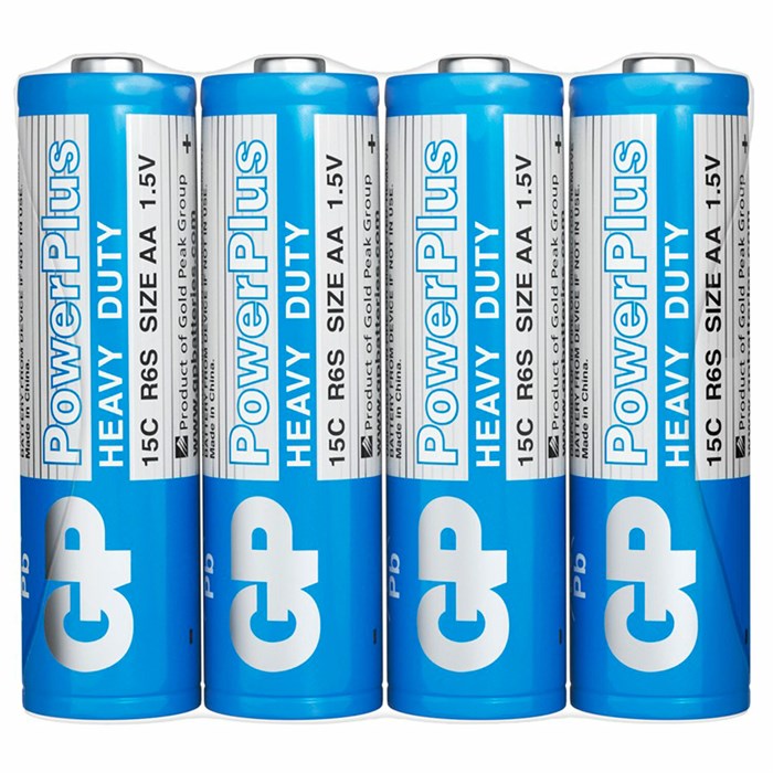 Батарейки КОМПЛЕКТ 4 шт., GP PowerPlus AA (R6, 15G), солевые, пальчиковые, в пленке, 15CEBRA-2S4 457757 - фото 338013
