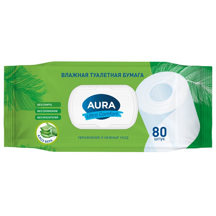 Бумага туалетная влажная 80 шт., AURA "Ultra Comfort" с пластиковым клапаном 117675 - фото 339314