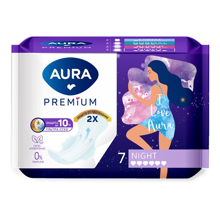 Прокладки женские гигиенические 7 шт., AURA Premium NIGHT 701700 - фото 339495