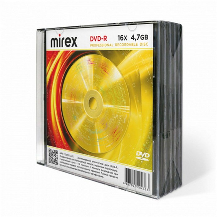 Диски DVD-R MIREX, 4,7 ГБ, 16x, Slim Case, КОМПЛЕКТ 5 шт., UL130003A1F 514008 - фото 339731