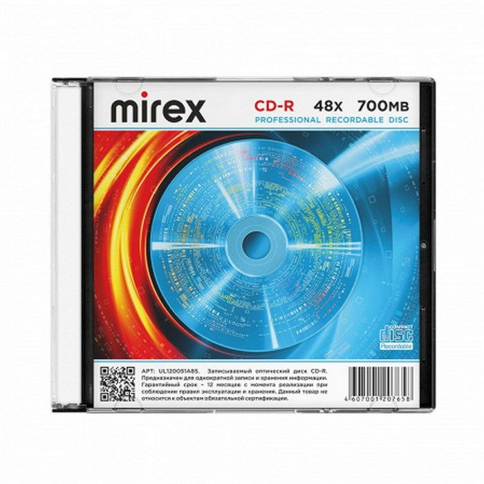 Диск CD-R MIREX, 700 Мб, 48x, Slim Case, 1 штука, UL120051A8S 514019 - фото 339758