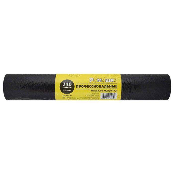 Мешки для мусора 240 л, черные, в рулоне 25 шт., ПВД 30 мкм, 90x130 см, РОМАШКА "ПРОФИ", ВР-0072 701988 - фото 340934