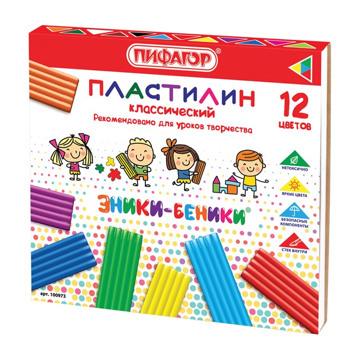 Пластилин классический ПИФАГОР "ЭНИКИ-БЕНИКИ", 12 цветов, 240 г, со стеком, картонная упаковка, 100973 100973 - фото 341966