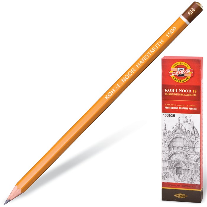 Карандаш чернографитный KOH-I-NOOR 1500, 1 шт., 3H, корпус желтый, заточенный 180477 - фото 342503