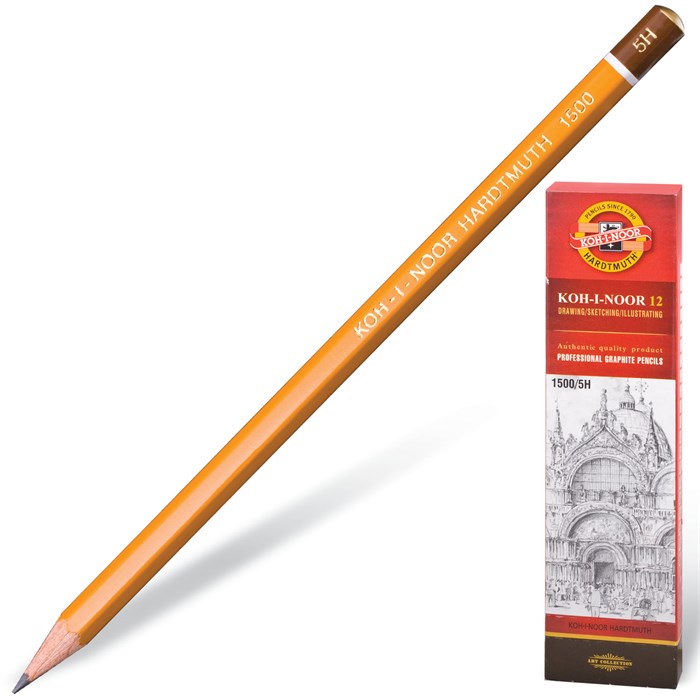 Карандаш чернографитный KOH-I-NOOR 1500, 1 шт., 5H, корпус желтый, заточенный 180481 - фото 342514