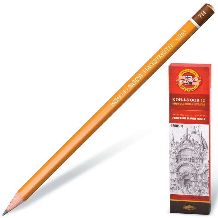 Карандаш чернографитный KOH-I-NOOR 1500, 1 шт., 7H, корпус желтый, заточенный 180485 - фото 342516