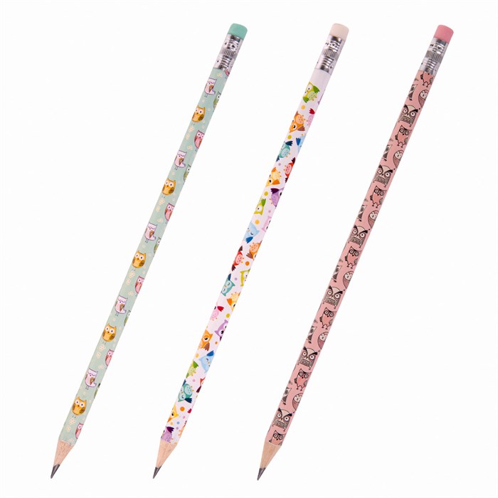 Карандаш чернографитный ЮНЛАНДИЯ "СОВУШКА", 1 шт., HB, с ластиком, корпус ассорти, 181772 181772