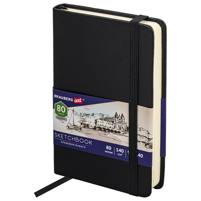 Скетчбук, слоновая кость 140 г/м2 90х140 мм, 80 л., КОЖЗАМ, резинка, BRAUBERG ART CLASSIC, черный, 113188 113188 - фото 348370