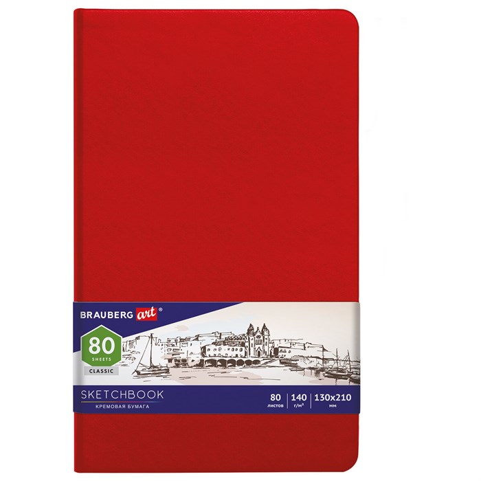 Скетчбук, слоновая кость 140 г/м2 130х210 мм, 80 л., КОЖЗАМ, резинка, BRAUBERG ART CLASSIC, красный, 113193 113193 - фото 348422