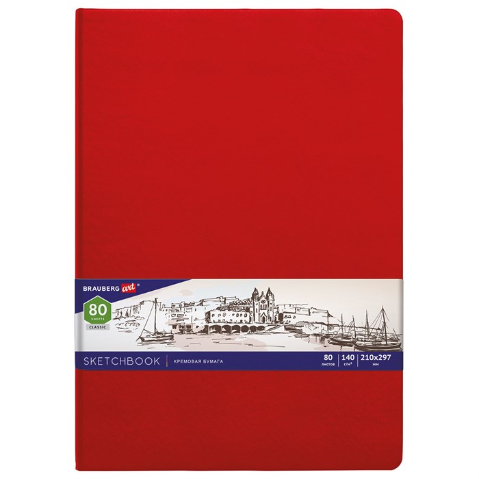 Скетчбук, слоновая кость 140 г/м2 210х297 мм, 80 л., КОЖЗАМ, резинка, BRAUBERG ART CLASSIC, красный, 113199 113199 - фото 348504