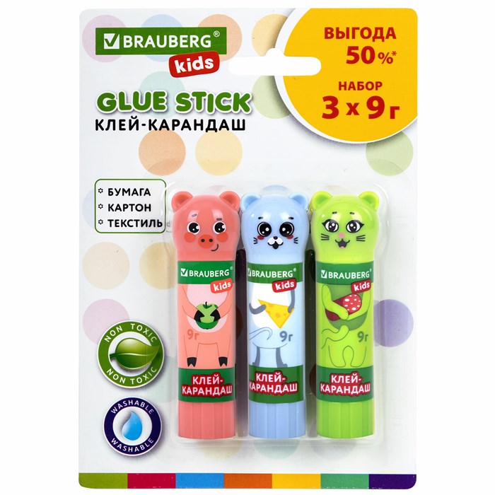 Клей-карандаш "Зверята: кошка, мышка, хрюшка", 9 г, фигурный колпачок, 3 шт./блистер, BRAUBERG KIDS, 271141 271141 - фото 350624
