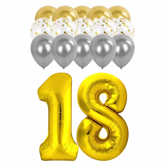Шары воздушные НАБОР ДЛЯ ДЕКОРА "18 лет", 17 шаров, золото/серебро, BRAUBERG, 591900 591900 - фото 352184