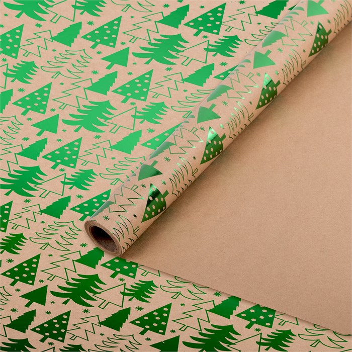 Бумага упаковочная подарочная крафт С ЭФФЕКТАМИ BIG SIZE новогодняя "Green Trees", 0,7х5 м, ЗОЛОТАЯ СКАЗКА, 591950 591950