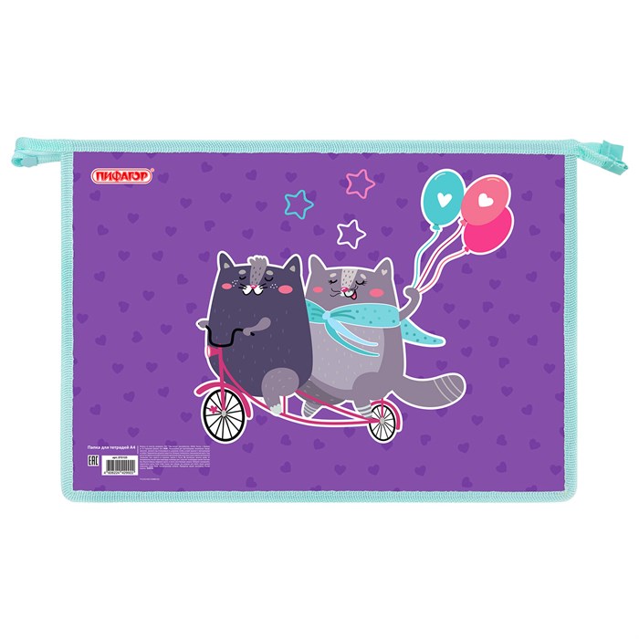 Папка для тетрадей ПИФАГОР А4, 1 отделение, картон/пластик, на молнии, "Bike cats", 272125 272125 - фото 354439