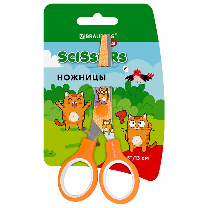 Ножницы 130 мм оранжевые, с цветной печатью "Котики", закругленные, BRAUBERG KIDS, 238351 238351 - фото 356092