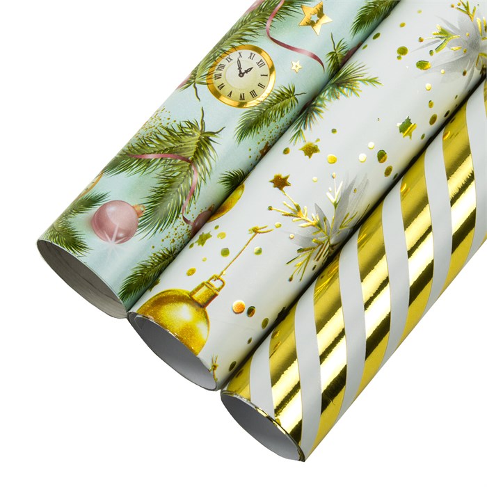 Бумага упаковочная новогодняя НАБОР 3 шт. "Golden XMAS", С ЭФФЕКТАМИ, 70х100 см, ЗОЛОТАЯ СКАЗКА, 592188 592188