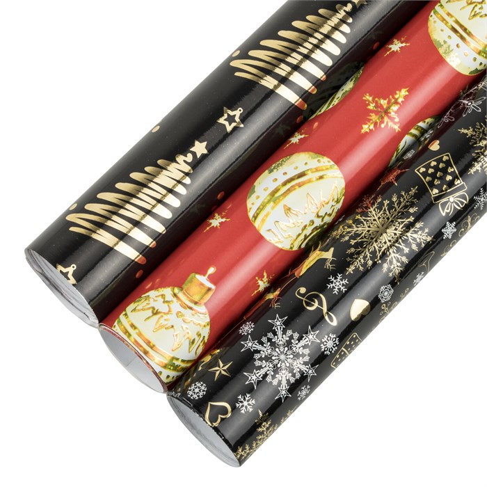 Бумага упаковочная новогодняя НАБОР 3 шт. "Black&Gold", С ЭФФЕКТАМИ, 70х100 см, ЗОЛОТАЯ СКАЗКА, 592190 592190