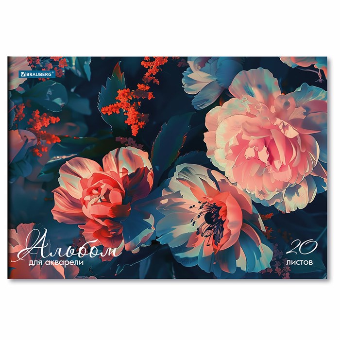 Альбом для акварели А4, 20 л., бумага 200 г/м2, склейка, обложка картон, BRAUBERG, "Пионы", 107129 107129 - фото 356873