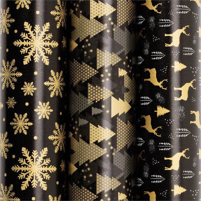 Бумага упаковочная новогодняя НАБОР 3 шт., "Black&Gold", 70х100 см, 3 дизайна, ЗОЛОТАЯ СКАЗКА, 592059 592059