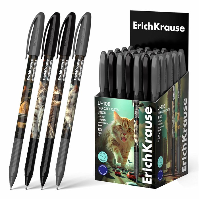 Ручка шариковая масляная ERICH KRAUSE U-108 "Stick Big City Cats", СИНЯЯ, узел 1 мм, линия 0,5 мм, 63103 144513 - фото 359640