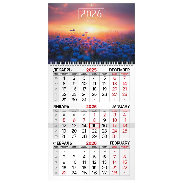 Календарь квартальный на 2026 г., 1 блок, 1 гребень, бегунок, мелованная бумага, BRAUBERG, "Васильковый луг", 116751 116751 - фото 360044