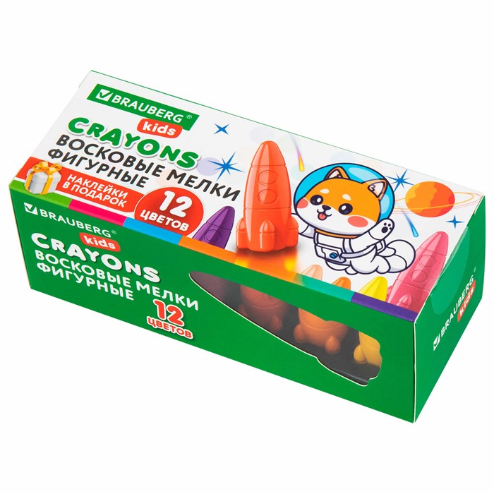 Восковые мелки фигурные BRAUBERG KIDS "РАКЕТА", НАБОР 12 цветов + НАКЛЕЙКИ В ПОДАРОК, 273082 273082 - фото 361631