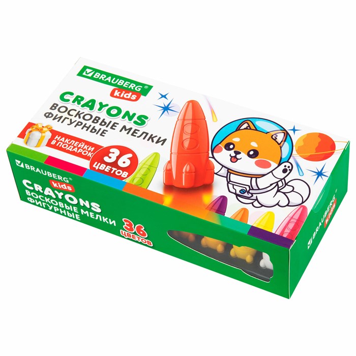 Восковые мелки фигурные BRAUBERG KIDS "РАКЕТА", НАБОР 36 цветов + НАКЛЕЙКИ В ПОДАРОК, 273084 273084 - фото 361651