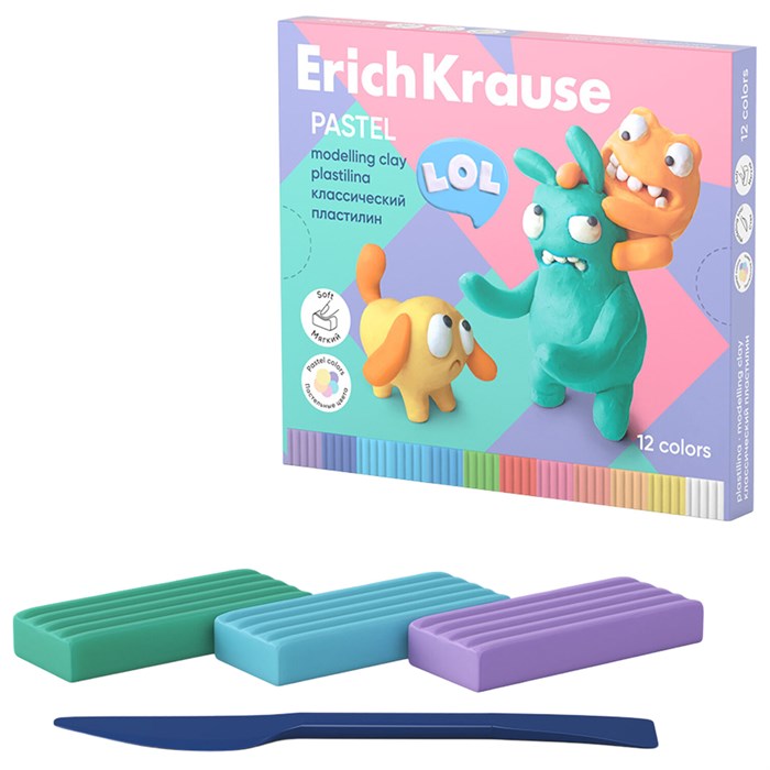 Пластилин классический ERICH KRAUSE "Jolly Friends pastel", 12 цветов, 216 г, со стеком, 61352 107472 - фото 363206