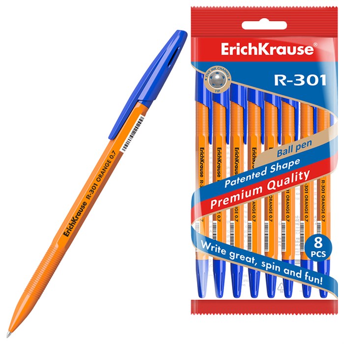 Ручки шариковые ERICH KRAUSE R-301 "Stick Orange", СИНИЕ, набор 8 штук, 0,7 мм, 56614 144568 - фото 363251