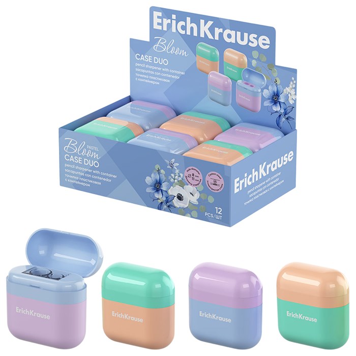 Точилка ERICH KRAUSE "Case Duo Pastel Bloom", 2 отверстия, с контейнером, пластиковая, ассорти, 59989 274225 - фото 363300