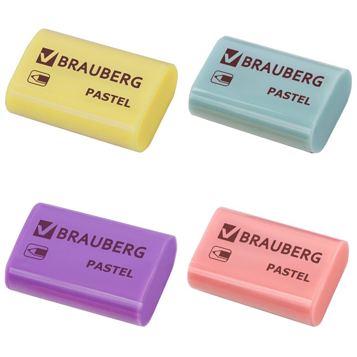 Ластик BRAUBERG Pastel, 37х24х11мм, ассорти пастельных цветов, экологичный ПВХ, 229582 229582 - фото 36754