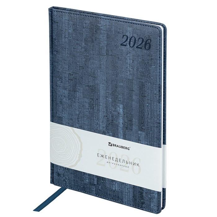 Еженедельник датированный 2026 БОЛЬШОЙ ФОРМАТ 210х297 мм, А4 BRAUBERG "Wood", под кожу, синий, 117158 117158 - фото 367593
