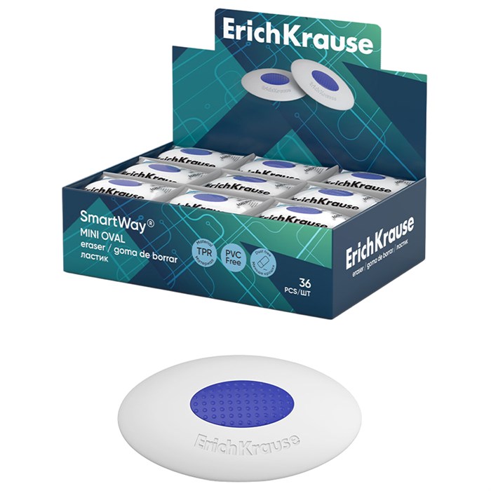 Ластик ERICH KRAUSE "SmartWay Mini Oval", 41х29х9 мм, белый, овальный, пластиковый держатель, 45533 274224 - фото 369506
