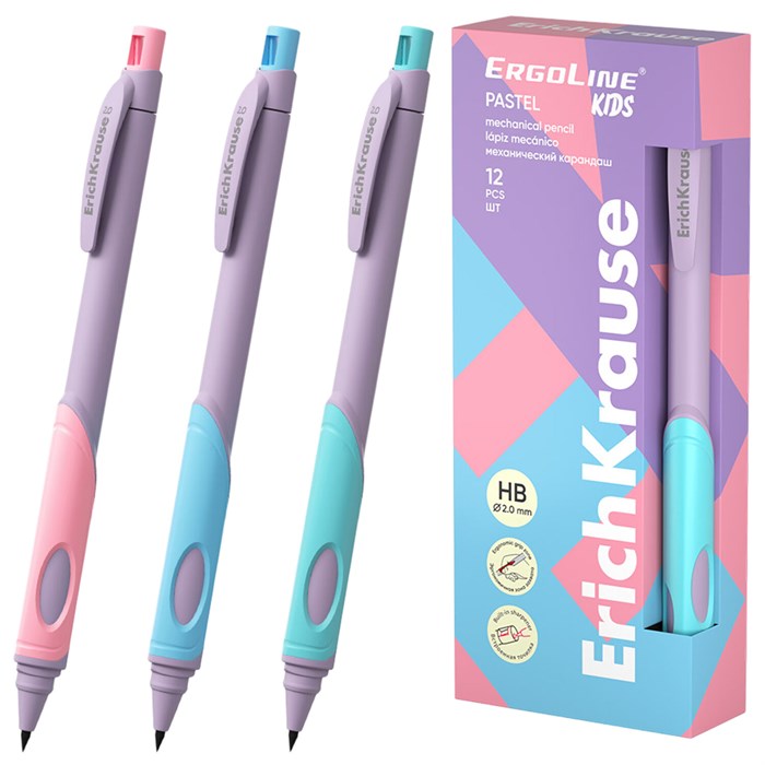 Карандаш механический 2 мм ERICH KRAUSE "ErgoLine Kids Pastel", HB, с точилкой, ассорти, 63833 182136 - фото 369710