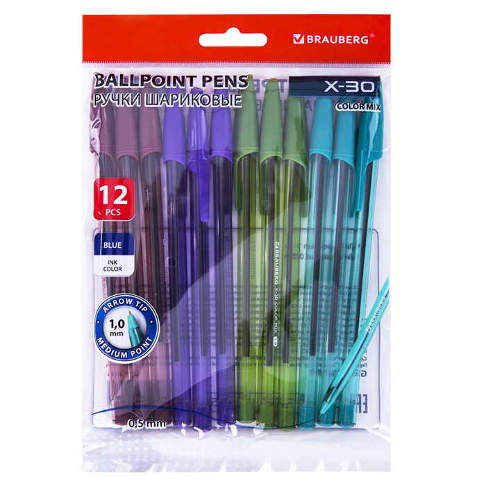 Ручки шариковые BRAUBERG X-30 COLOR MIX, КОМПЛЕКТ 12 ШТ., СИНИЕ, пишущий узел 1 мм, линия письма 0,5 мм, 144336 144336 - фото 369780